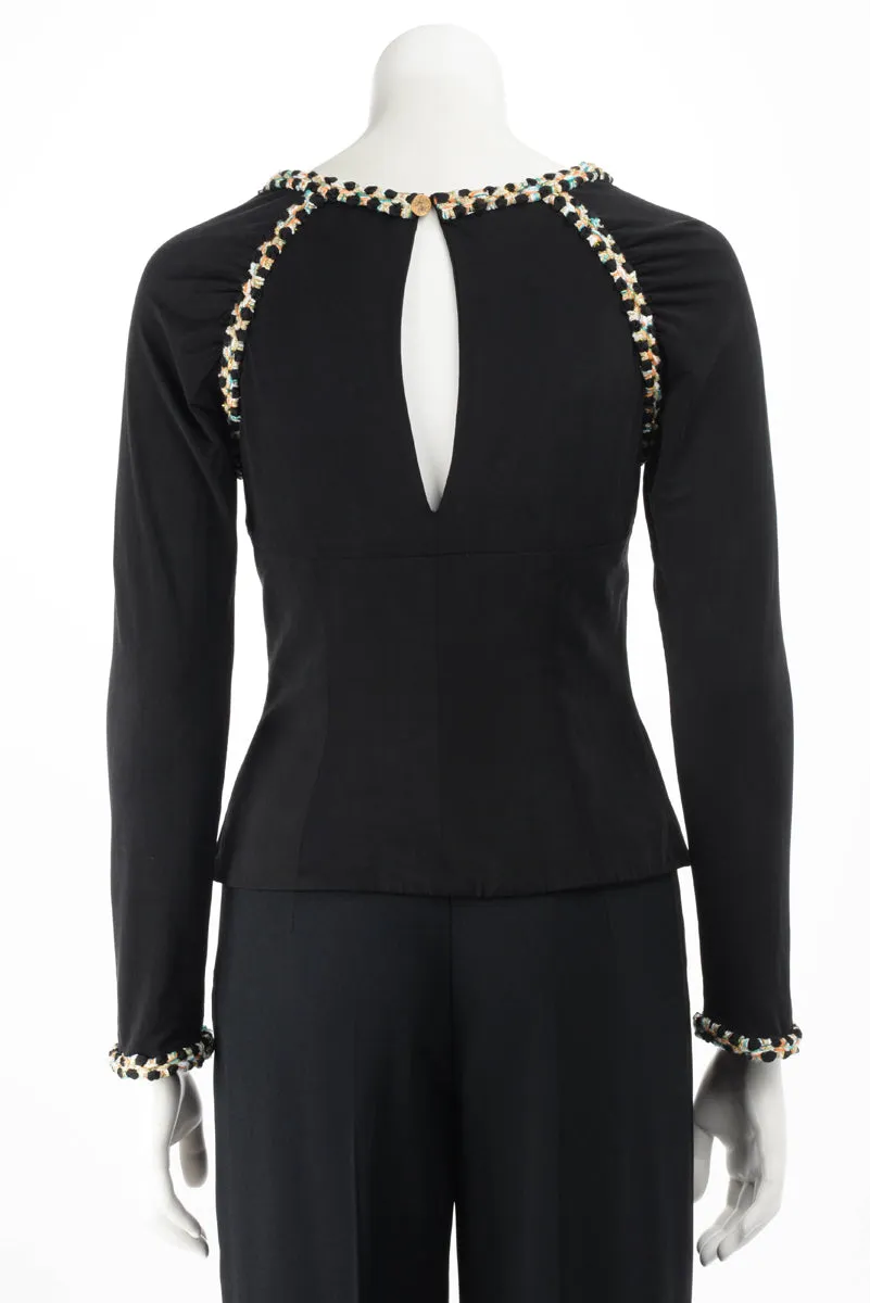 Chanel Black Silk Braided Trim Top FR 38