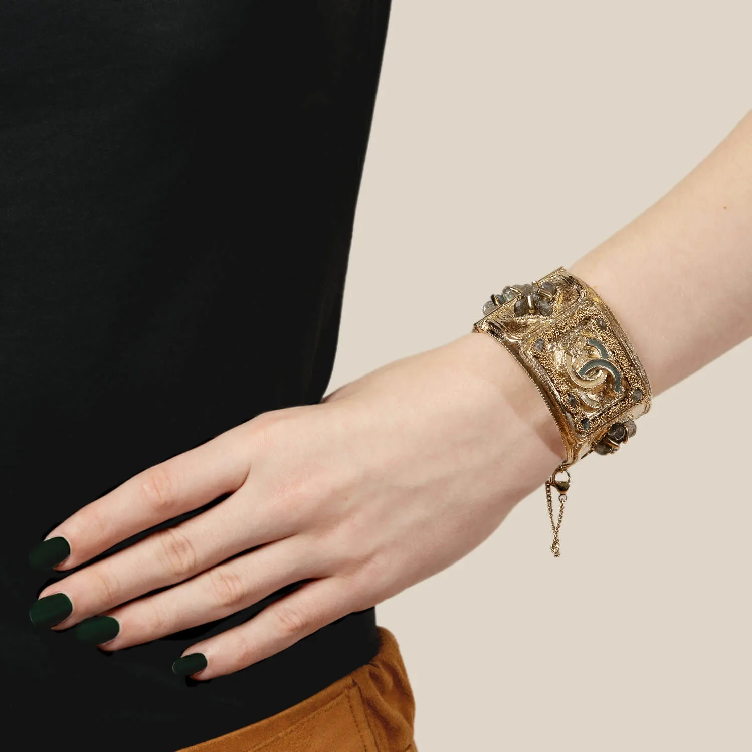 CHANEL Estate Gold Plated Labradorite and Enamel Cuff Bracelet