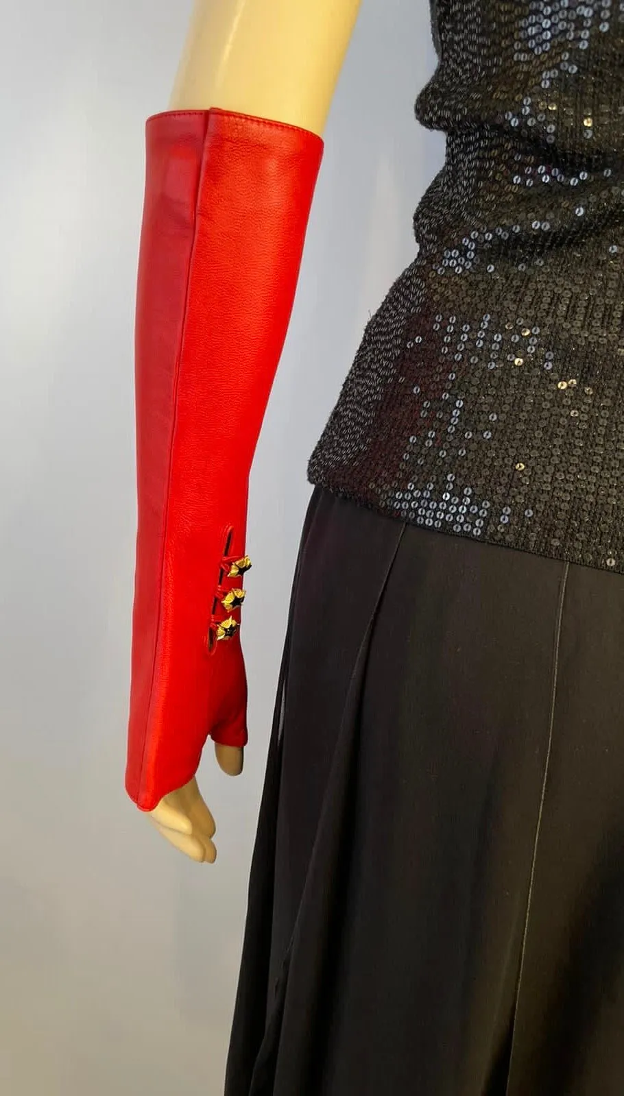 Chanel Fingerless Lambskin Leather Long Red Gloves Size 7.5