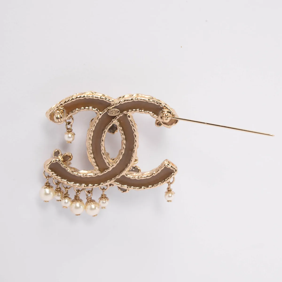 Chanel Light Gold Gripoix Flower & Pearl CC Brooch