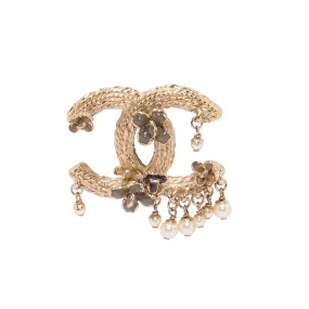 Chanel Light Gold Gripoix Flower & Pearl CC Brooch