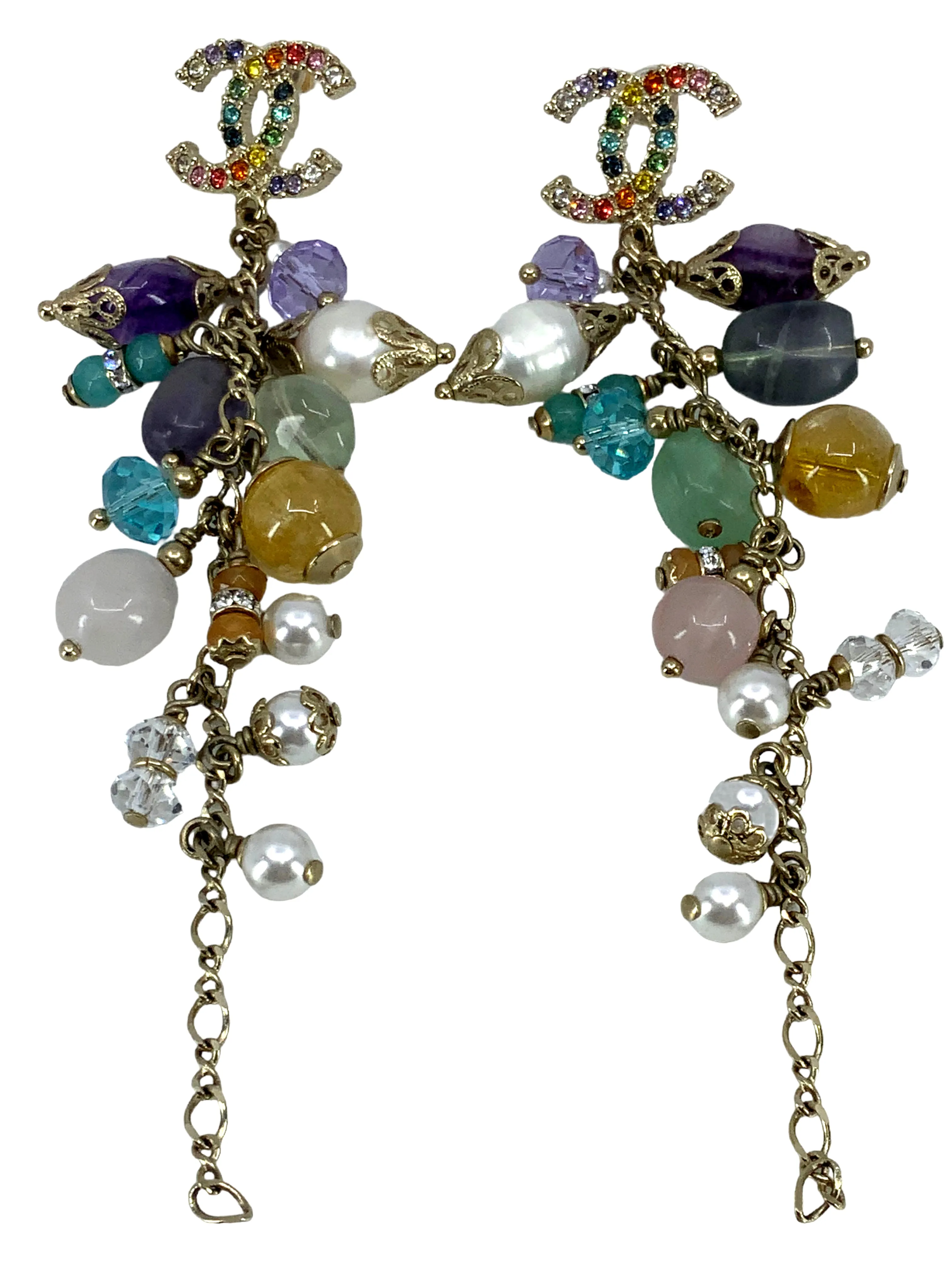 CHANEL Rainbow Crystal CC Logo Dangle Earrings