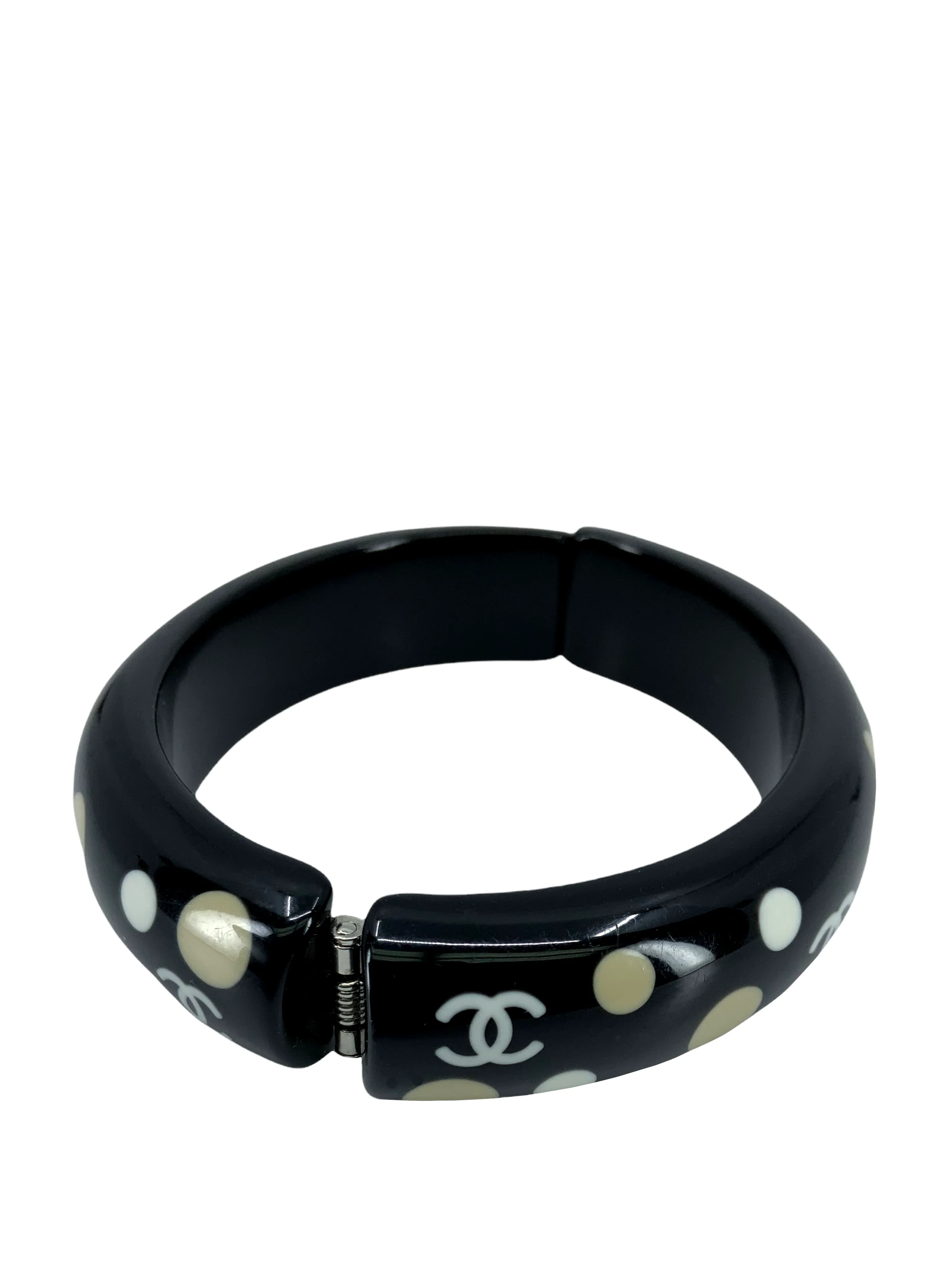 Chanel Polka Dot Resin CC Logo Bangle Bracelet - Stylish Designer Accessory