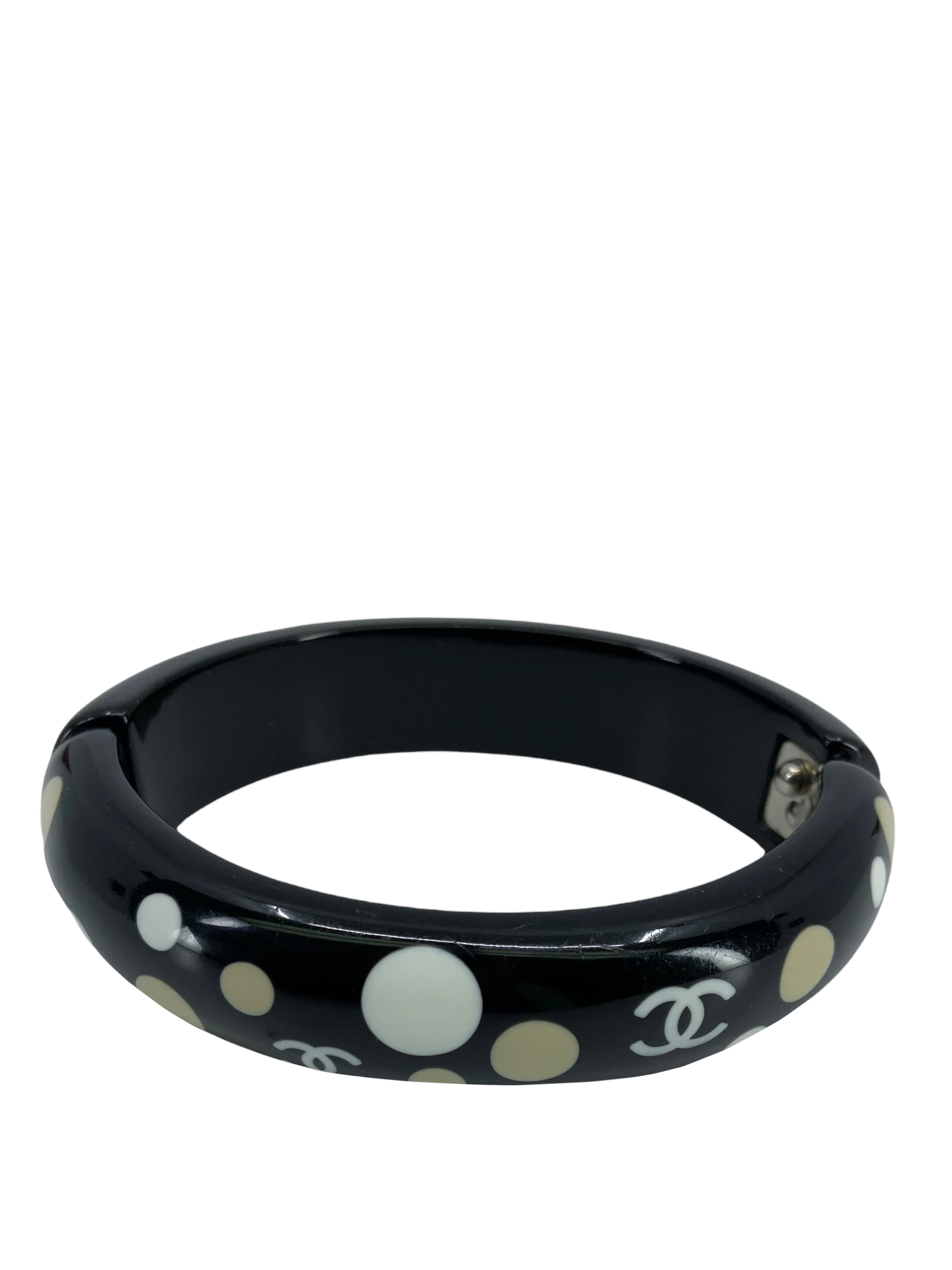 Chanel Polka Dot Resin CC Logo Bangle Bracelet - Stylish Designer Accessory