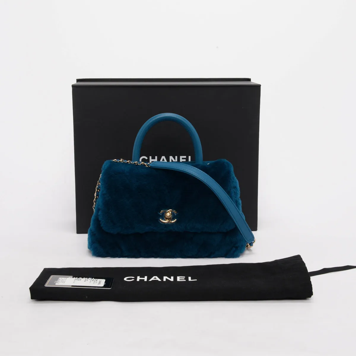 Chanel Teal Shearling Small Coco Handle Bag