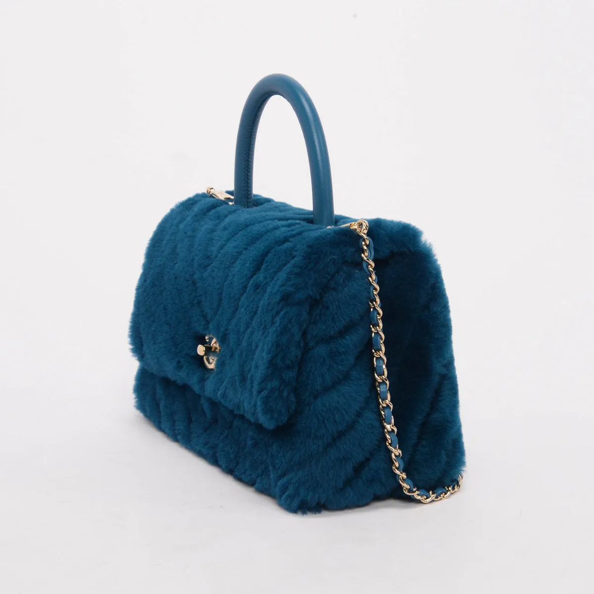 Chanel Teal Shearling Small Coco Handle Bag