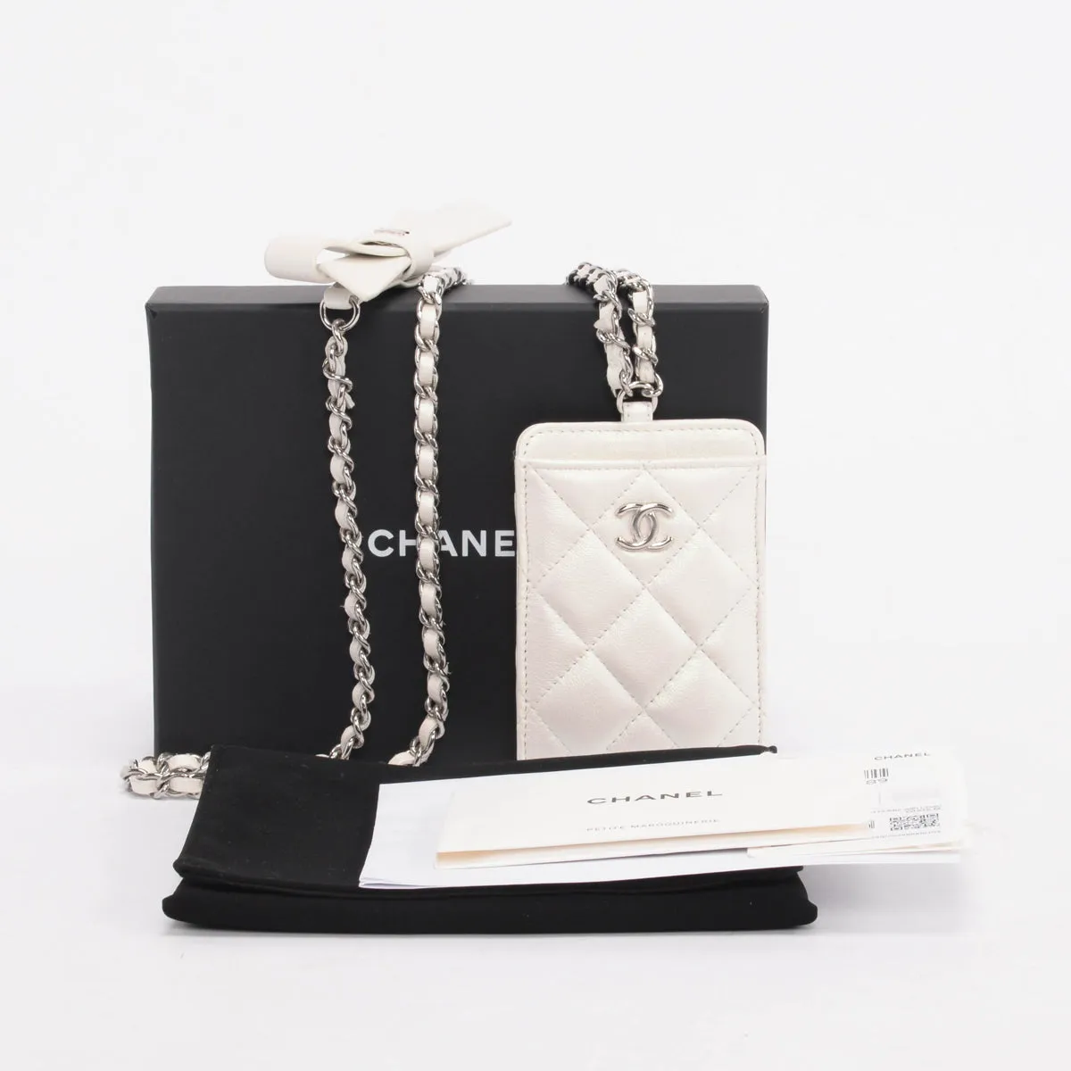 Chanel White Pearlescent Lambskin CC Card Holder on Chain