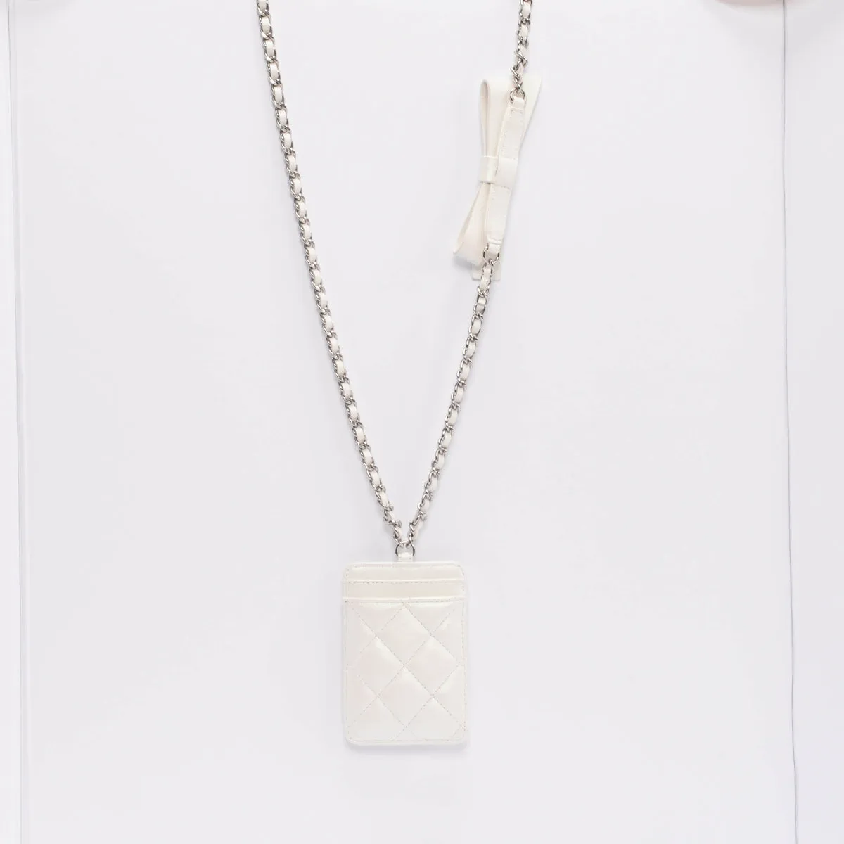 Chanel White Pearlescent Lambskin CC Card Holder on Chain