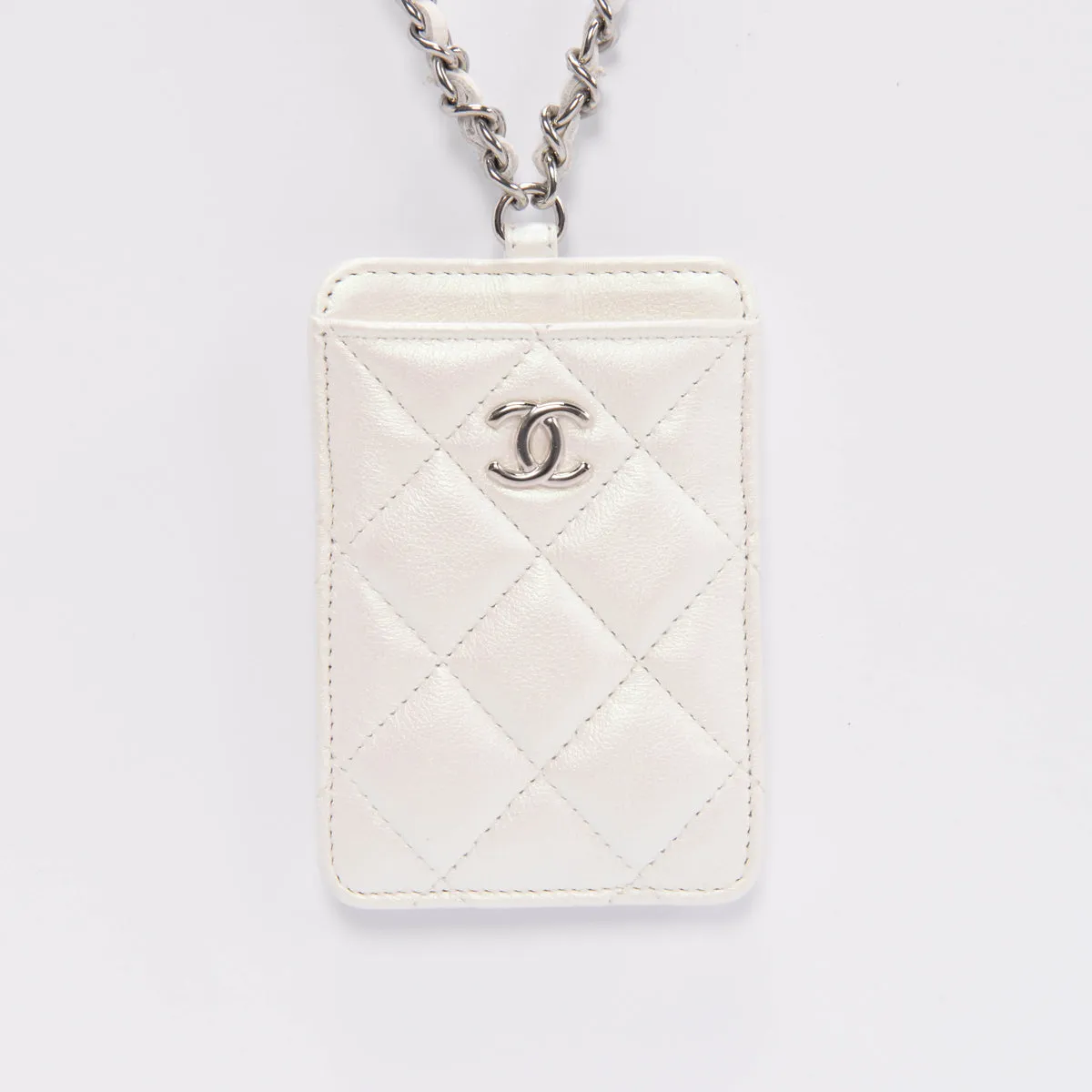 Chanel White Pearlescent Lambskin CC Card Holder on Chain