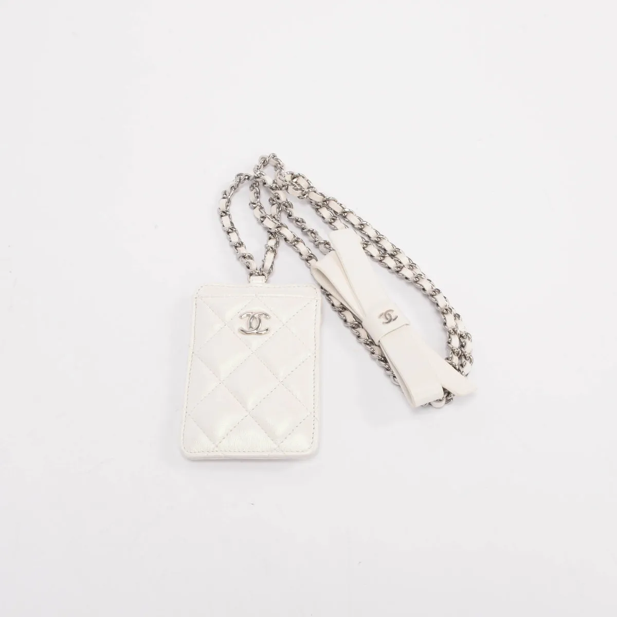 Chanel White Pearlescent Lambskin CC Card Holder on Chain