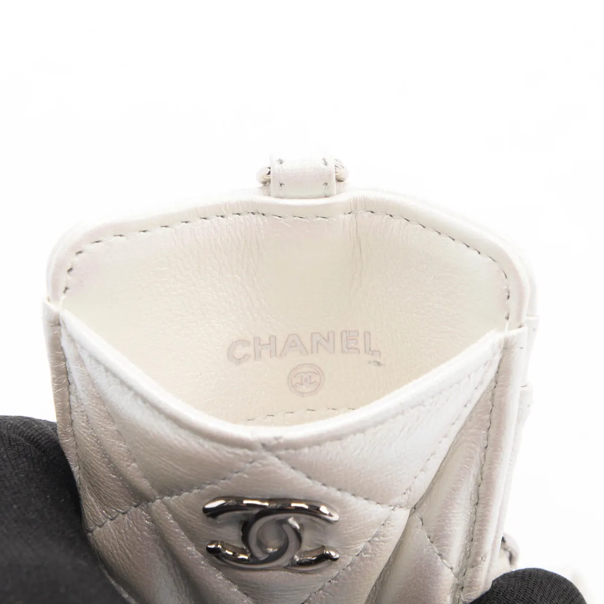 Chanel White Pearlescent Lambskin CC Card Holder on Chain