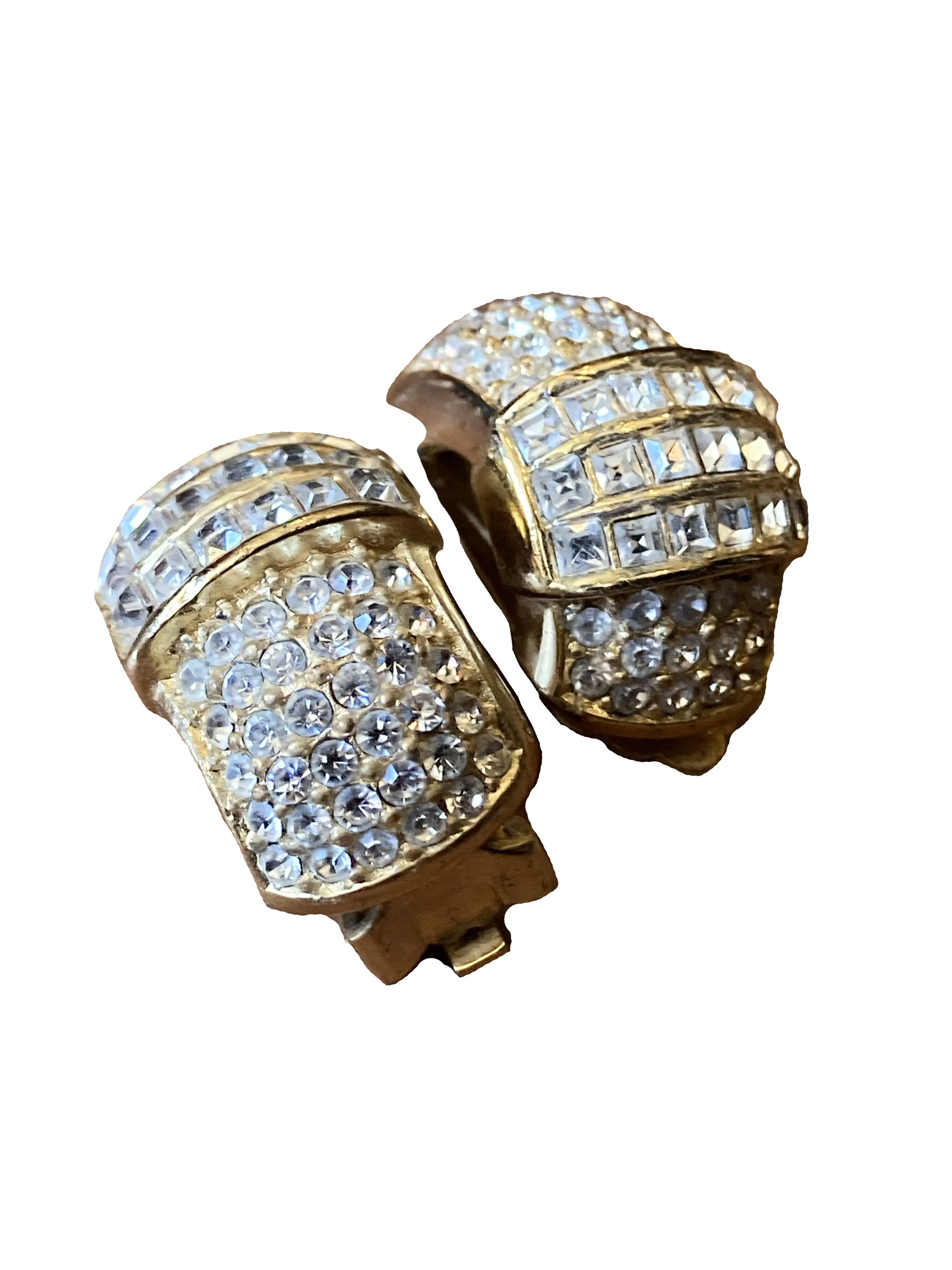 Elegant Christian Dior Gold Tone Crystal Clip-On Earrings with Timeless Sparkle