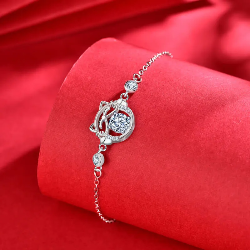 Cute Fortune Cat Moissan Diamond Bracelet