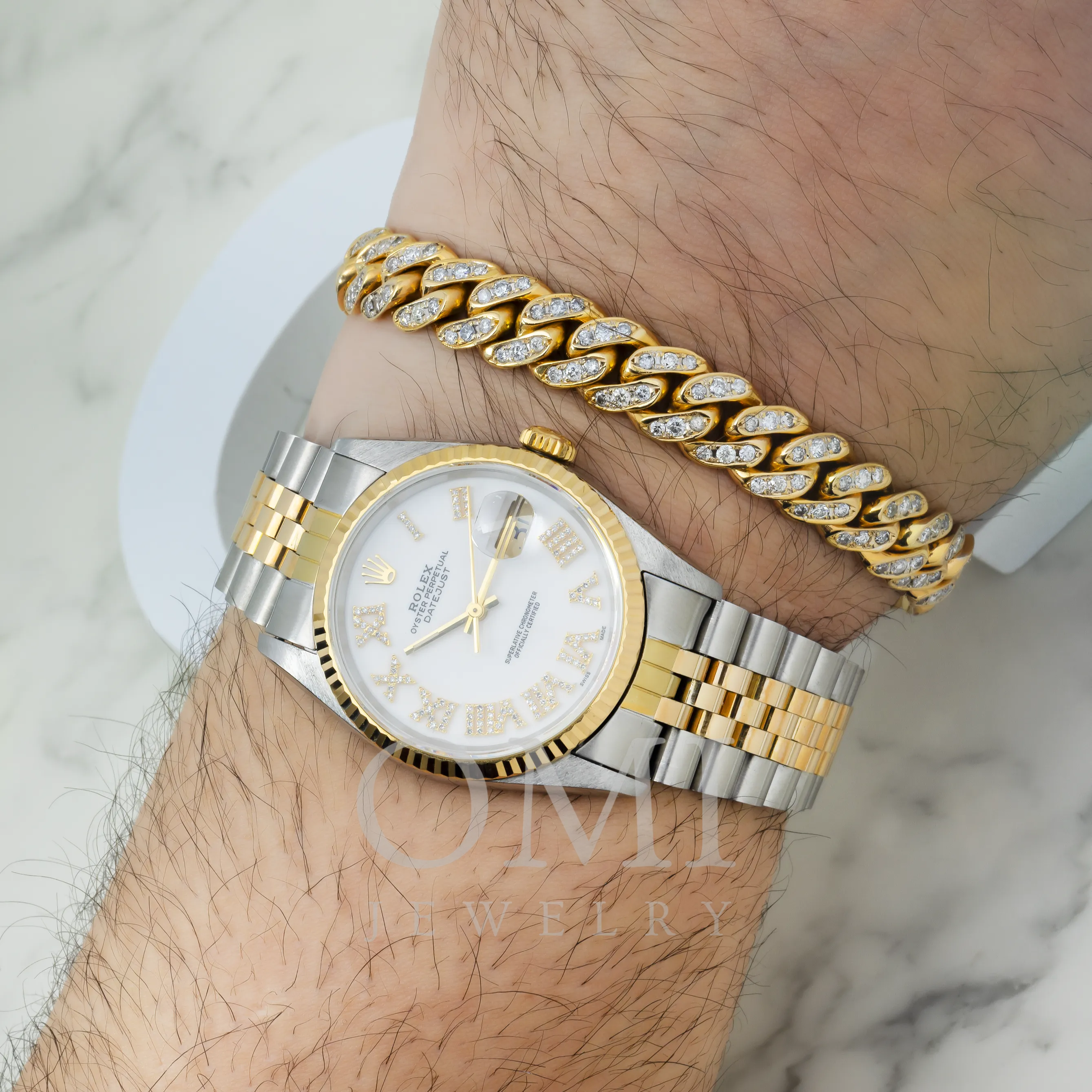 DIAMOND 36MM ROLEX DATEJUST, EARRINGS, & CUBAN BRACELET SET