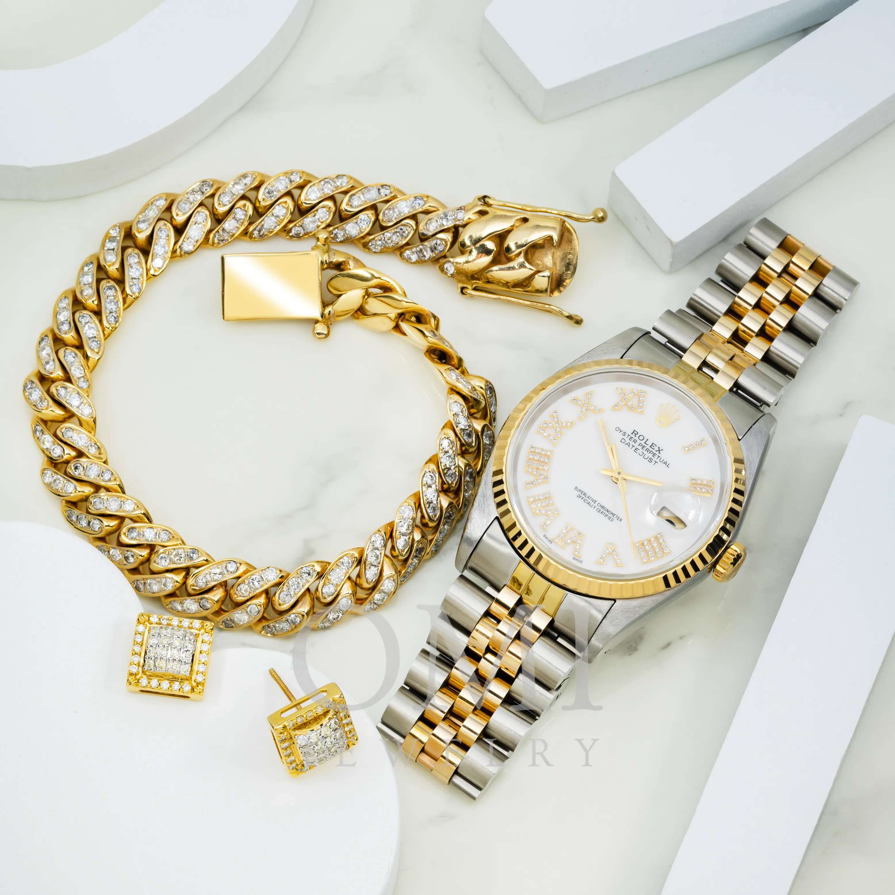 DIAMOND 36MM ROLEX DATEJUST, EARRINGS, & CUBAN BRACELET SET