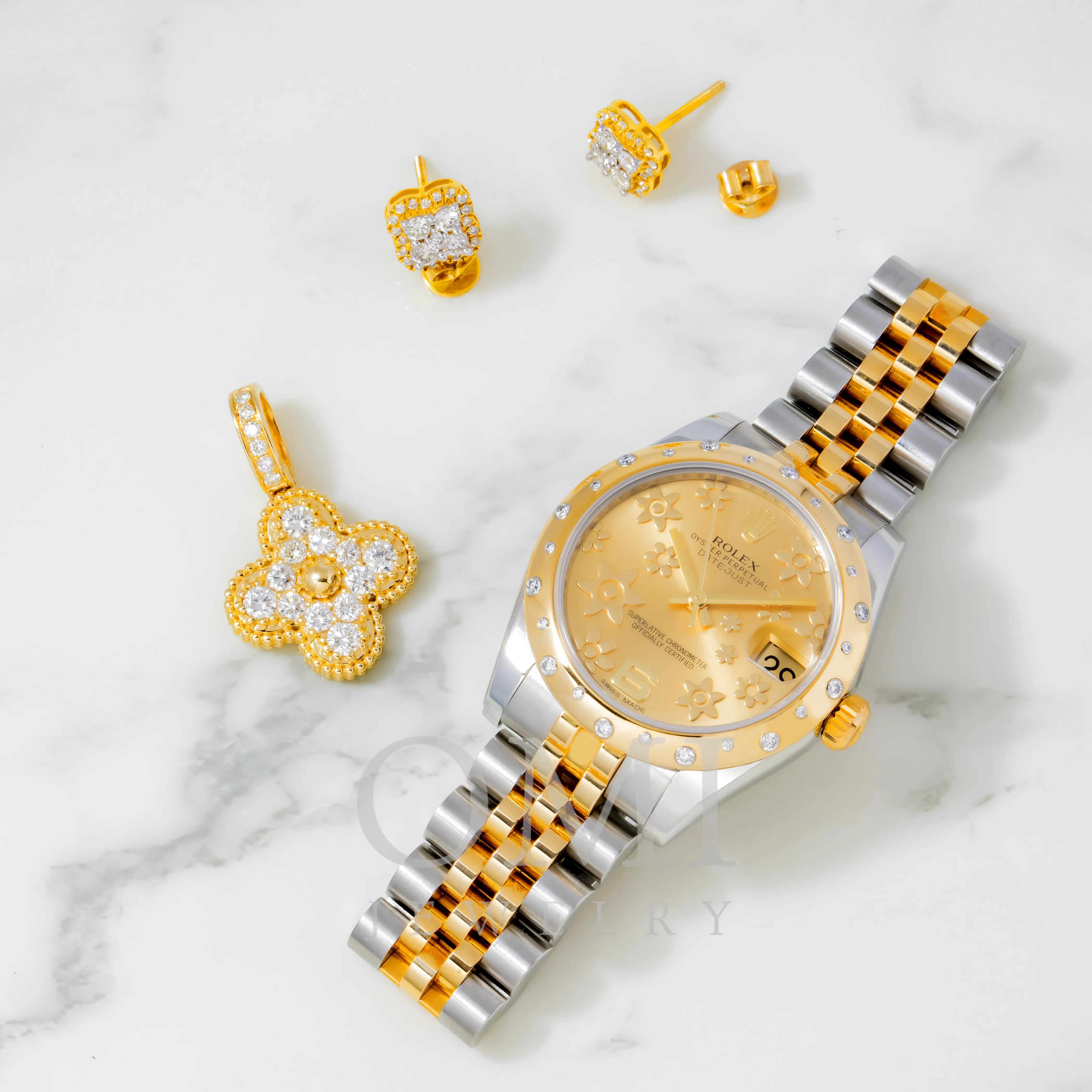 DIAMOND ROLEX DATEJUST 31MM & YELLOW GOLD CLOVER SET