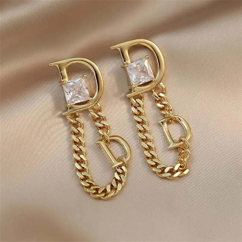 Fashion Jewelry Chain Tassel Letter D Square Zircon Earrings S4809373