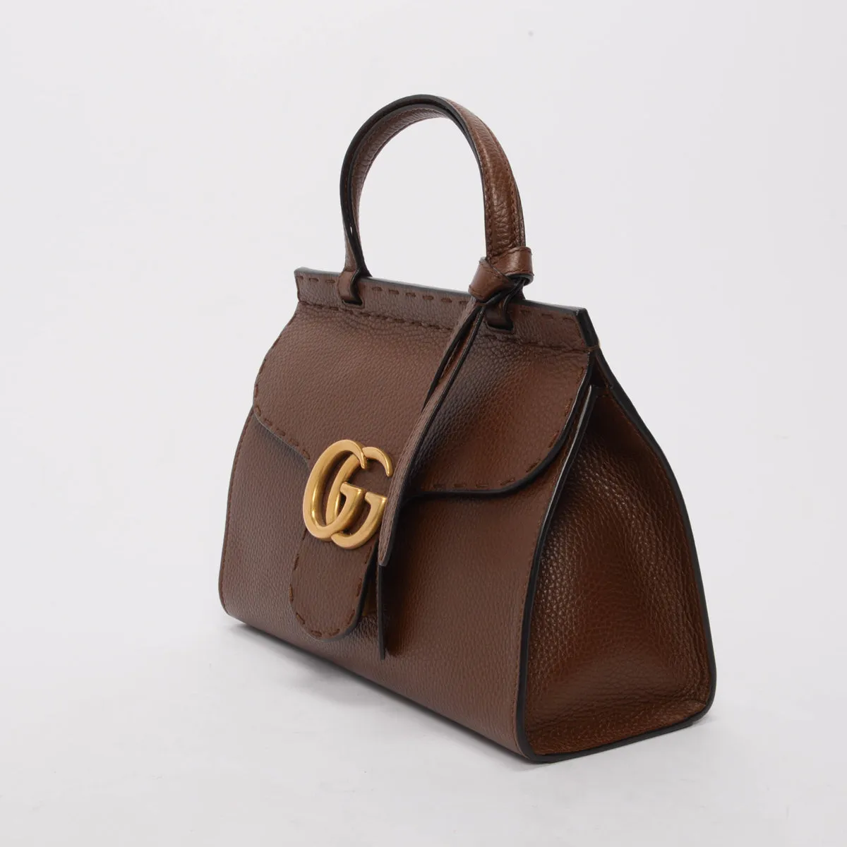 Gucci Brown Calfskin Mini GG Marmont Top Handle Bag