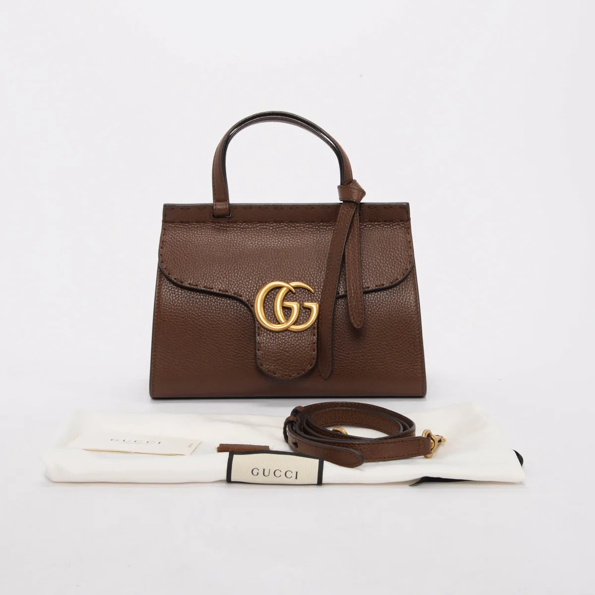 Gucci Brown Calfskin Mini GG Marmont Top Handle Bag