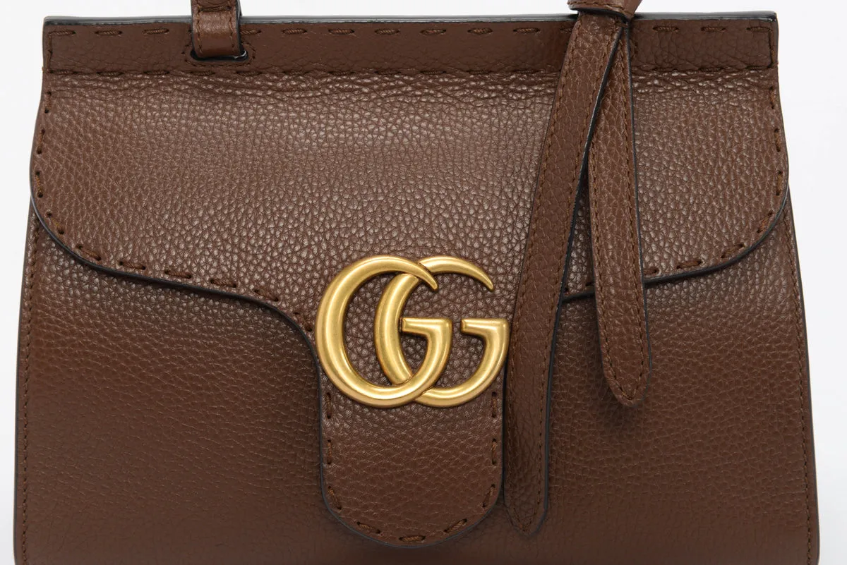 Gucci Brown Calfskin Mini GG Marmont Top Handle Bag