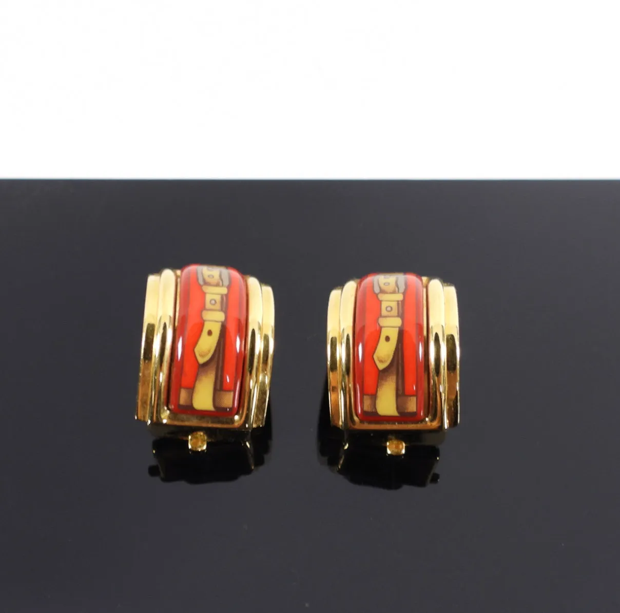 Hermes Circa 1980's Vintage Red Enamel Clip on Earrings