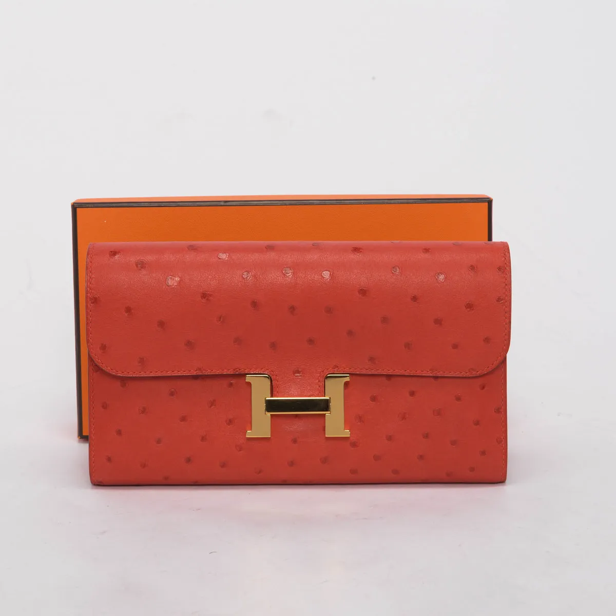 Luxurious Hermes Rouge Vif Ostrich Leather Constance Long Wallet for Women