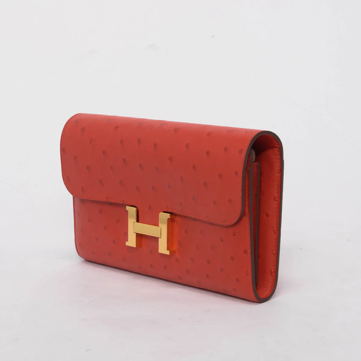 Luxurious Hermes Rouge Vif Ostrich Leather Constance Long Wallet for Women