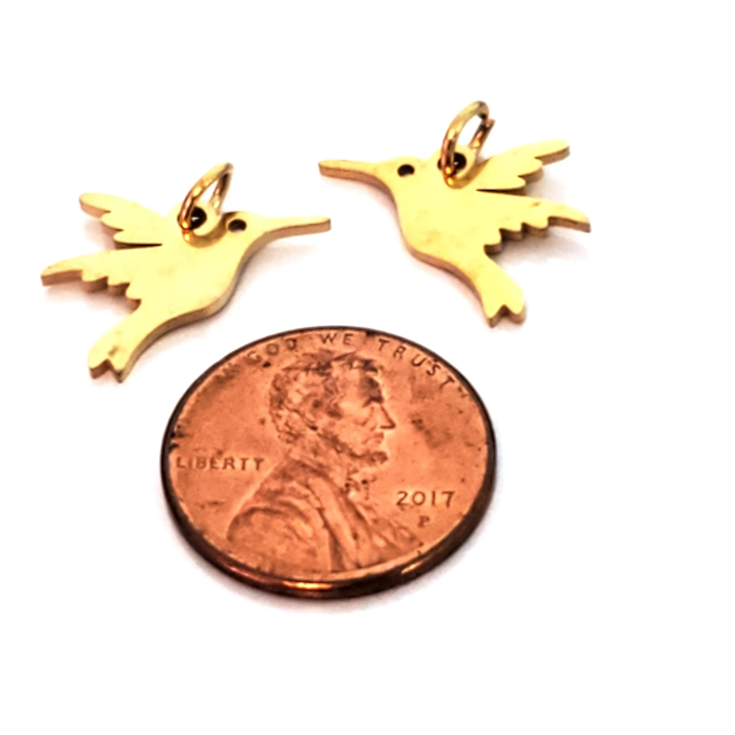 Hummingbird Charms, 24kt  Gold Plated Stainless Steel, 13x15x1mm, 3mm Jump Ring, Lot Size 5 Charms, #1667 G