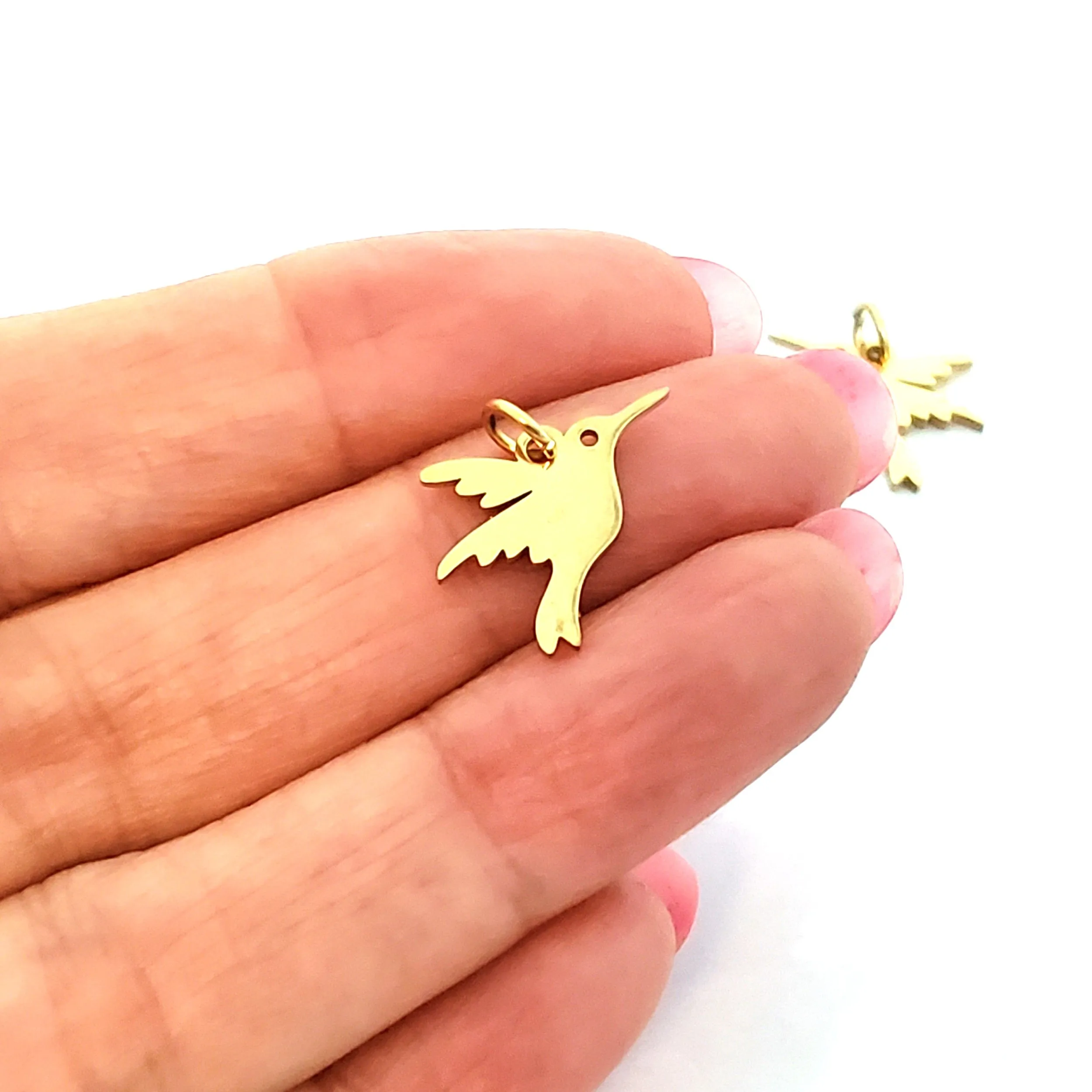 Hummingbird Charms, 24kt  Gold Plated Stainless Steel, 13x15x1mm, 3mm Jump Ring, Lot Size 5 Charms, #1667 G