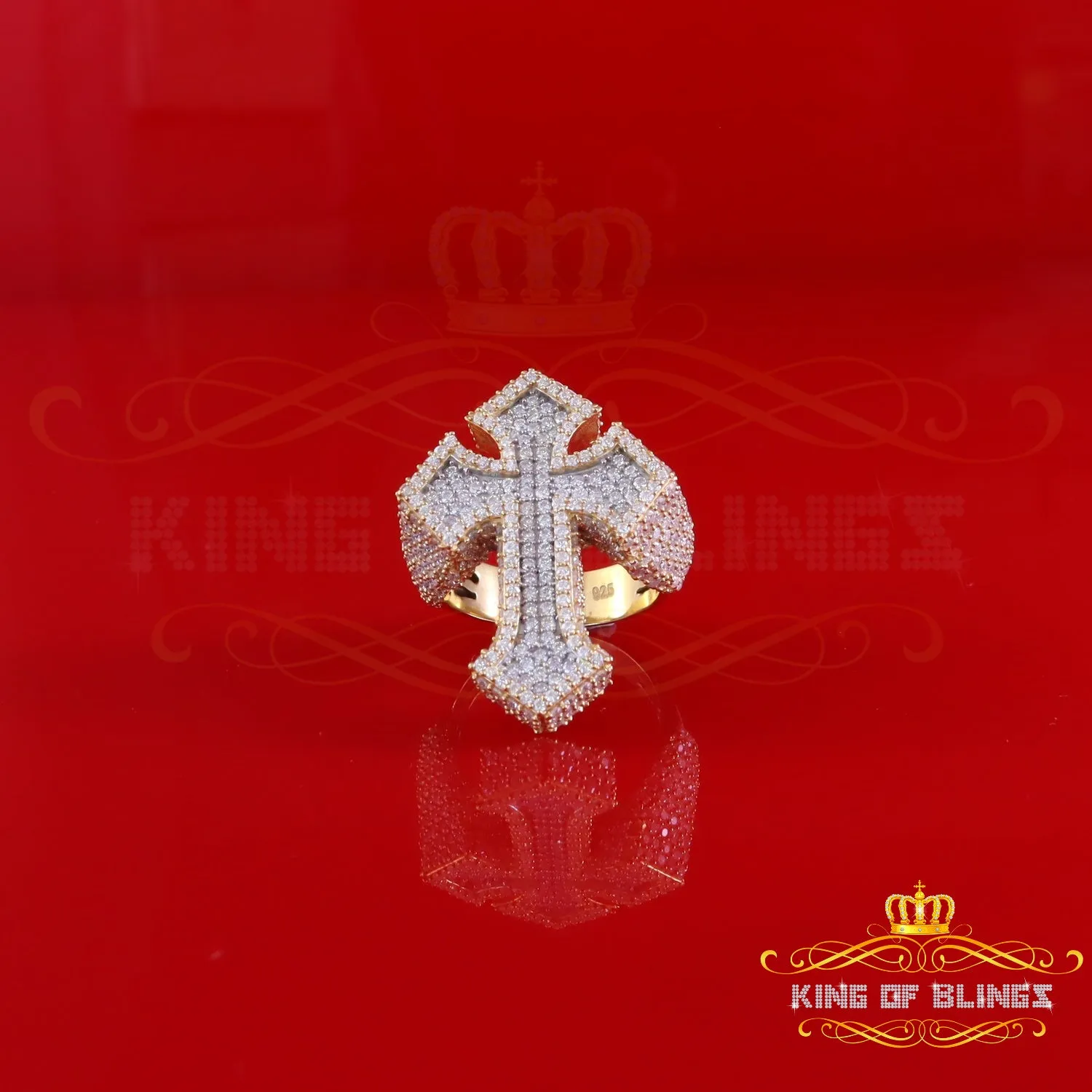 King of Bling's Men's Yellow Cross 925 Sterling Silver 5.50ct VVS D Moissanite Rings Size 10