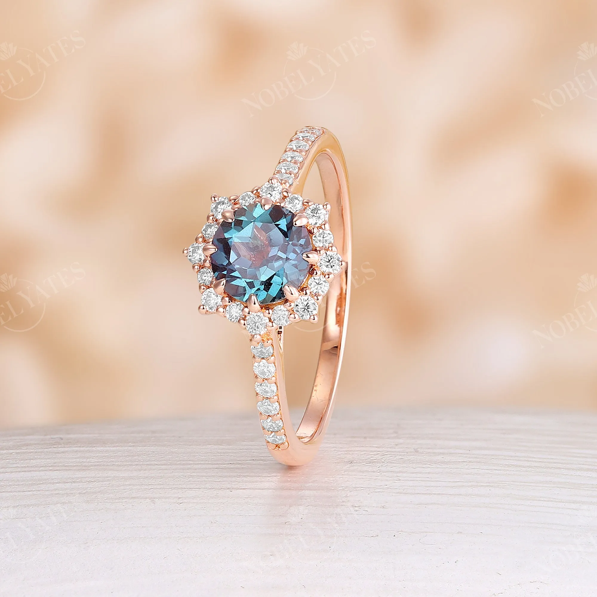 Lab Alexandrite Pave Halo Engagement Ring White Gold