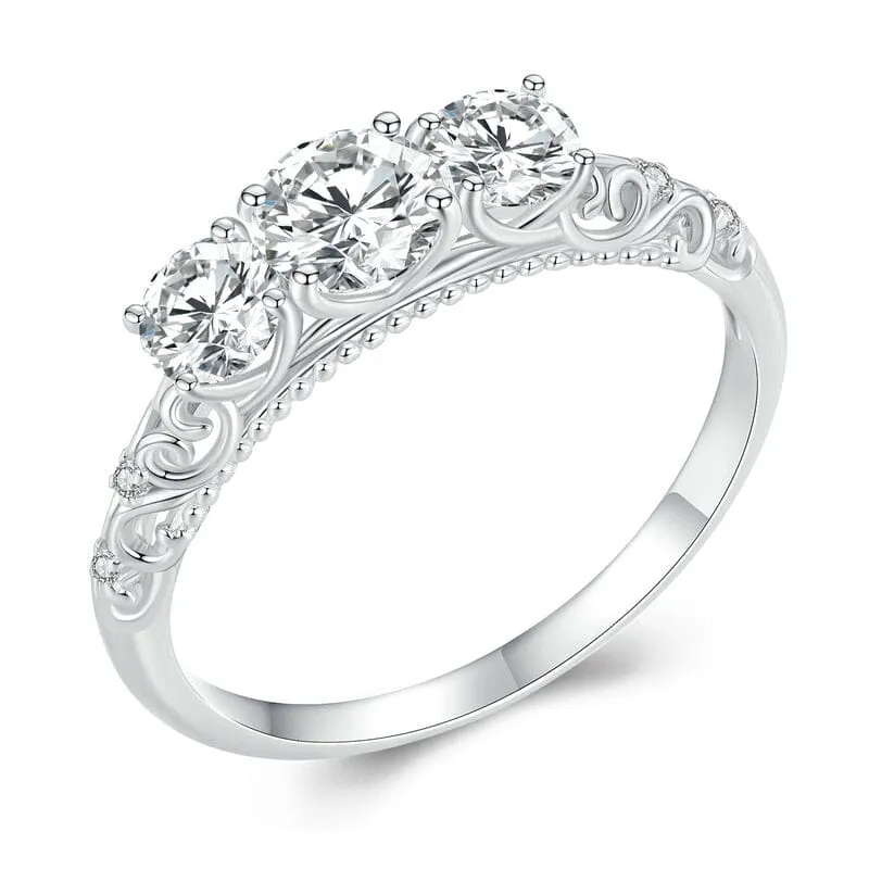 Lotus Lace Sparkling 3 Stones Moissanite Diamond Silver Ring