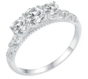 Lotus Lace Sparkling 3 Stones Moissanite Diamond Silver Ring