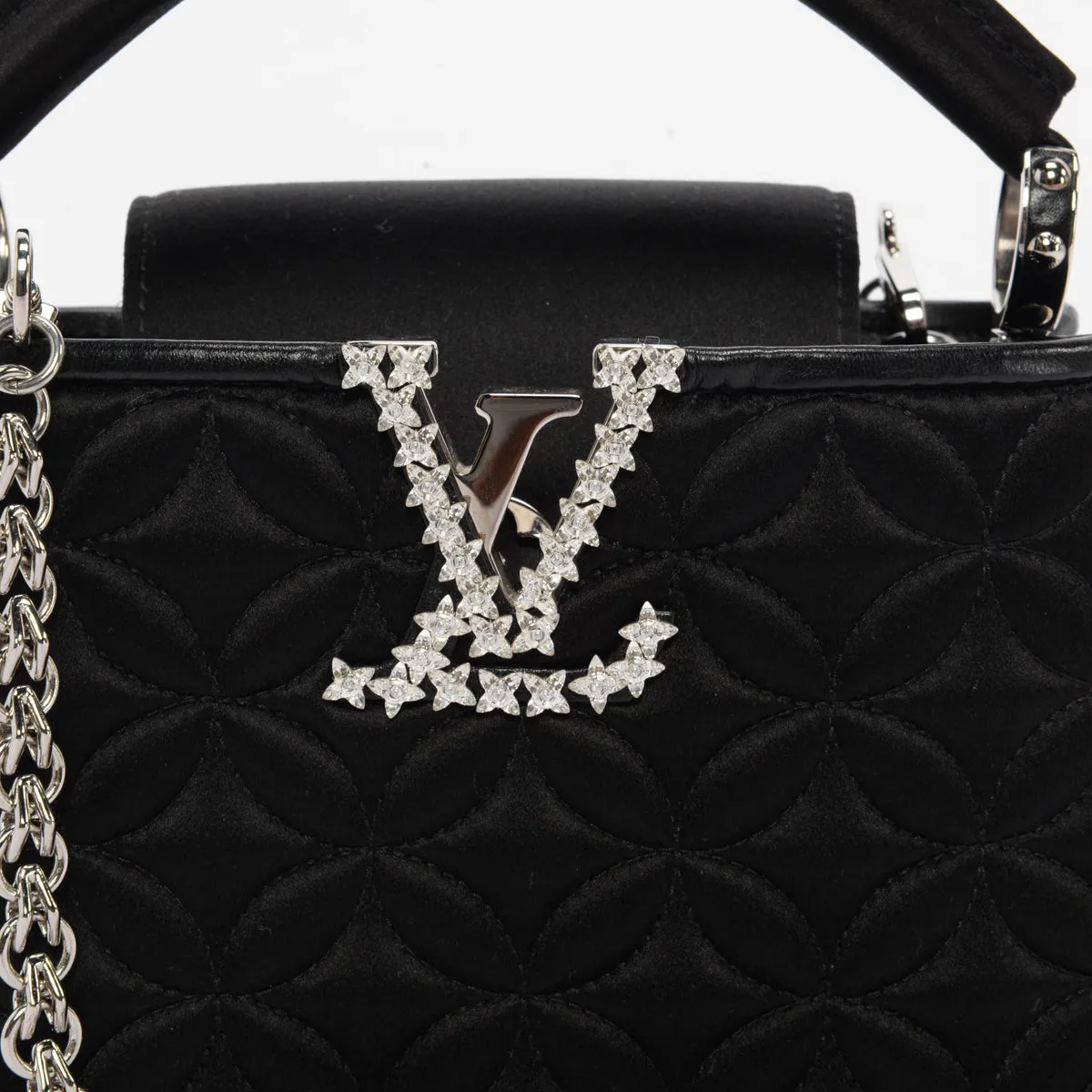 Louis Vuitton Black Satin Embossed Mini Capucines Bag with Floral Design