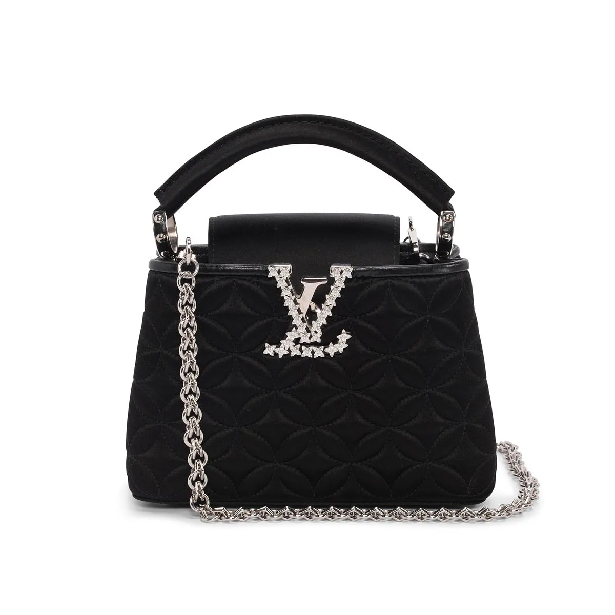 Louis Vuitton Black Satin Embossed Mini Capucines Bag with Floral Design