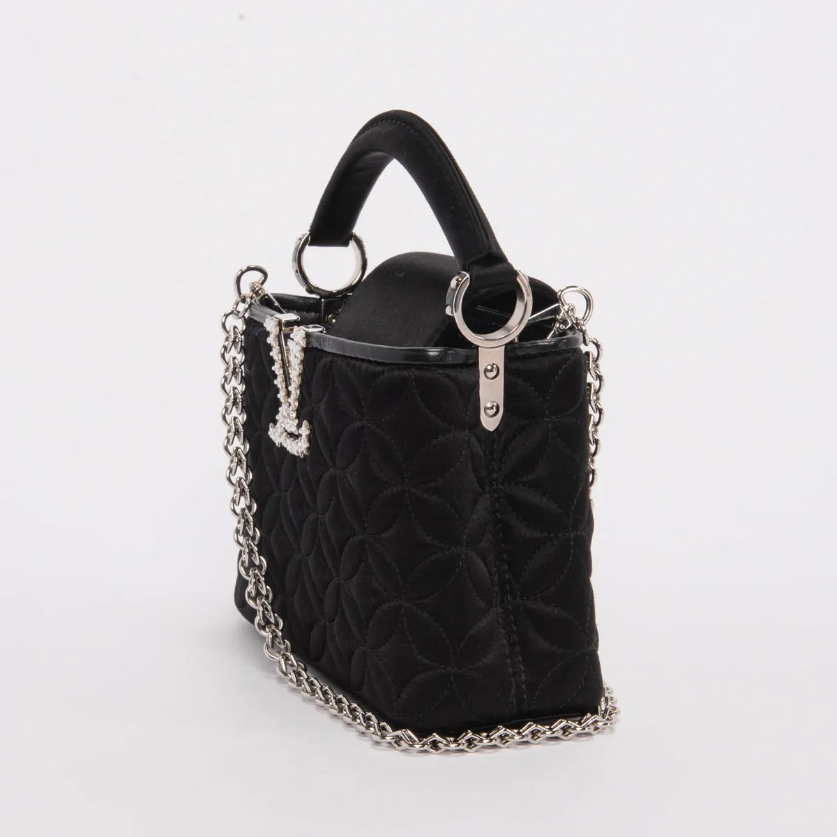 Louis Vuitton Black Satin Embossed Mini Capucines Bag with Floral Design