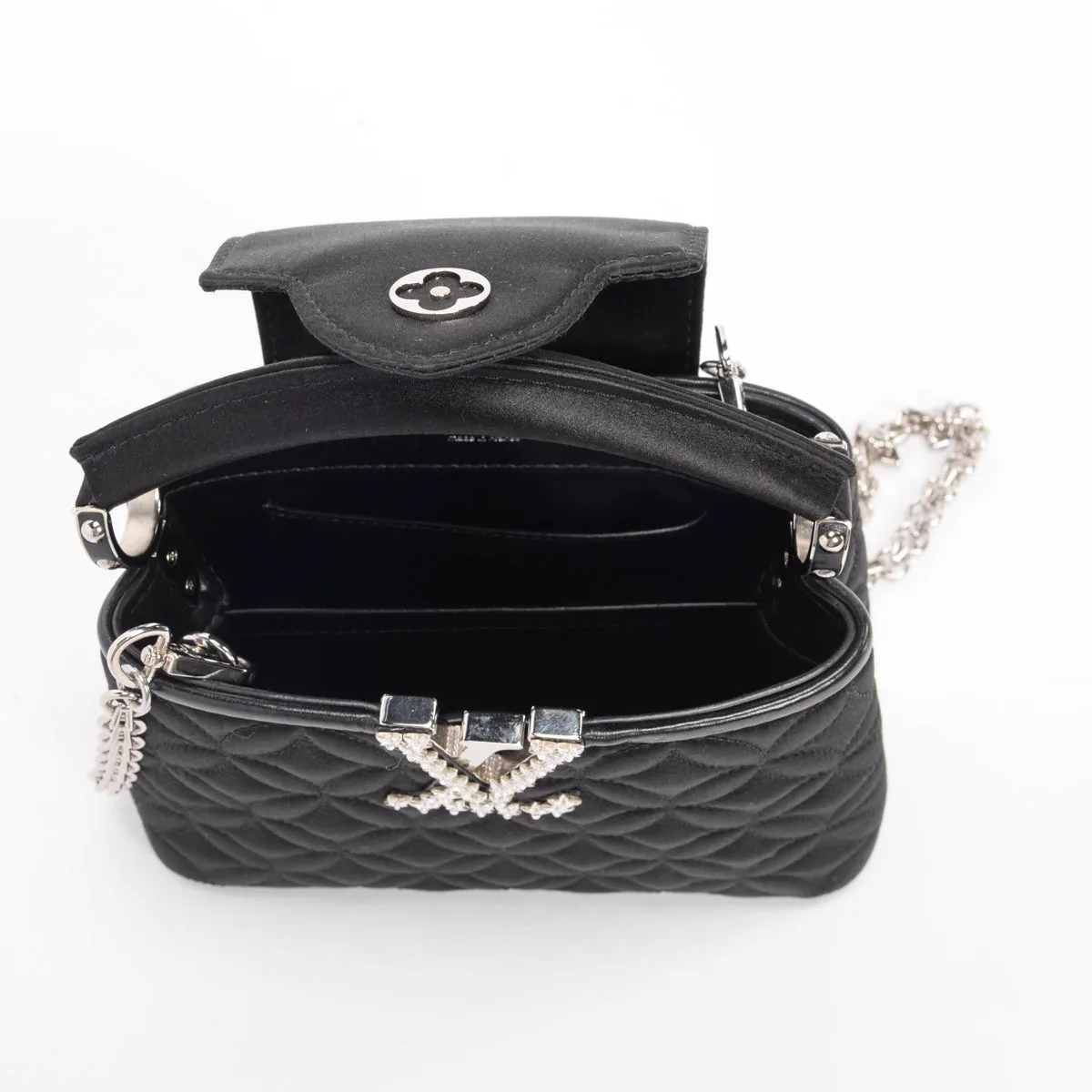 Louis Vuitton Black Satin Embossed Mini Capucines Bag with Floral Design