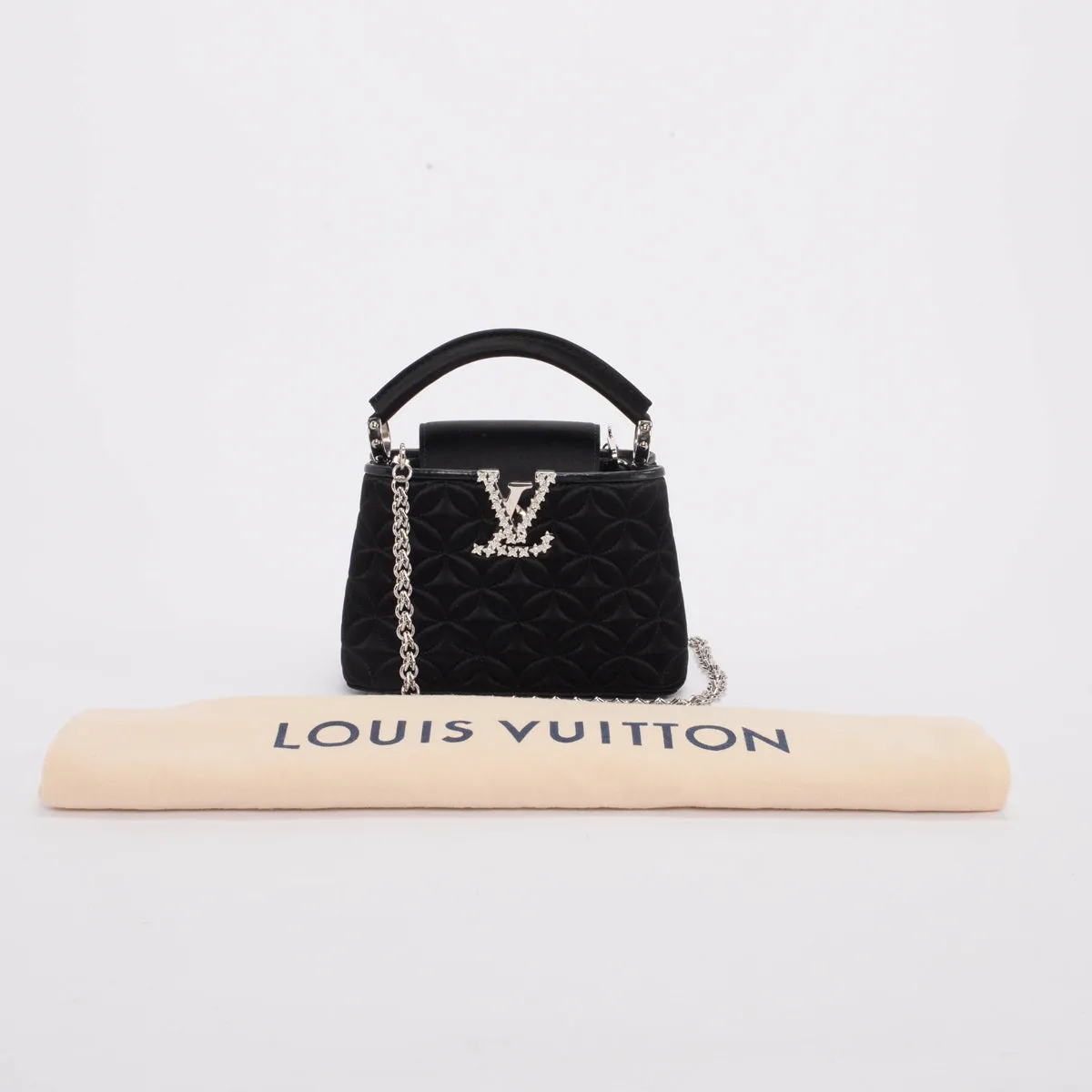 Louis Vuitton Black Satin Embossed Mini Capucines Bag with Floral Design