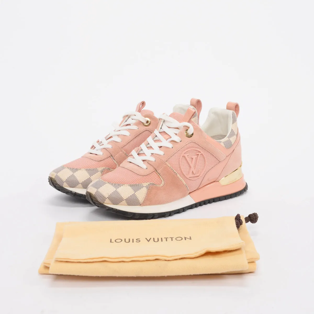 Sure! Here’s an optimized title for the Louis Vuitton product:

**Louis Vuitton Pink Damier Azur Run Away Sneakers - Womens Size 37 - Stylish Leather and Canvas Slip-Ons**

This version adds clarity and descriptive details that might attract potential buyers.