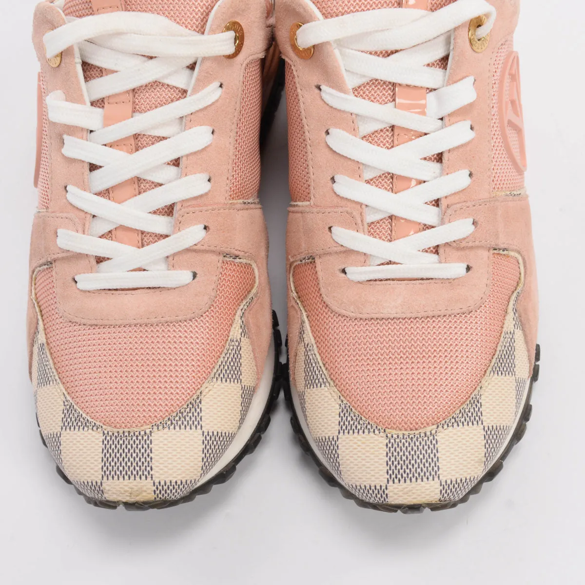 Sure! Here’s an optimized title for the Louis Vuitton product:

**Louis Vuitton Pink Damier Azur Run Away Sneakers - Womens Size 37 - Stylish Leather and Canvas Slip-Ons**

This version adds clarity and descriptive details that might attract potential buyers.