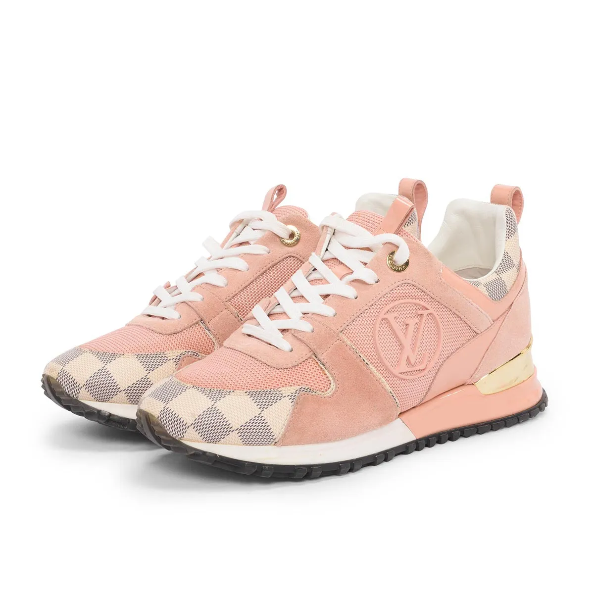 Sure! Here’s an optimized title for the Louis Vuitton product:

**Louis Vuitton Pink Damier Azur Run Away Sneakers - Womens Size 37 - Stylish Leather and Canvas Slip-Ons**

This version adds clarity and descriptive details that might attract potential buyers.