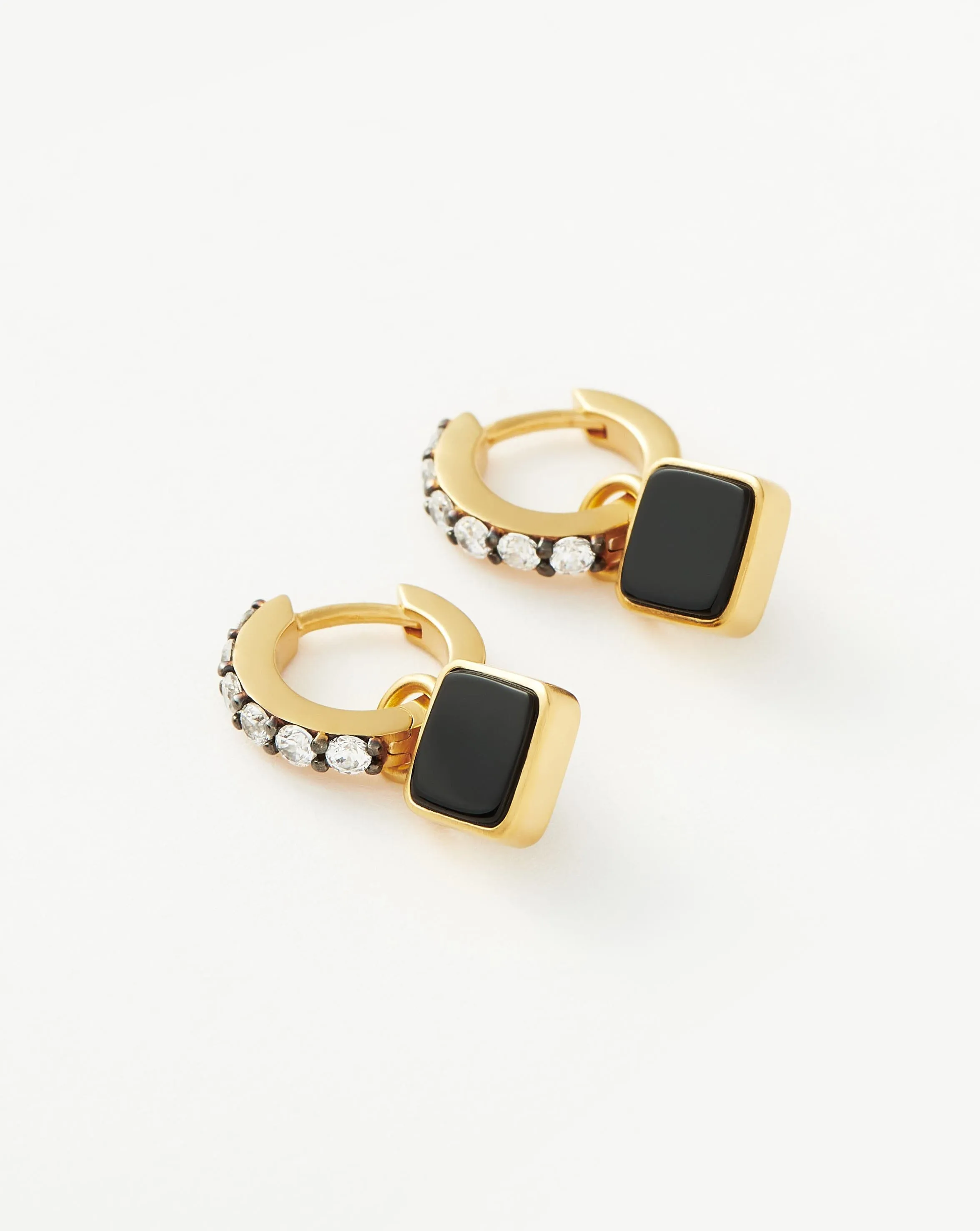 Lucy Williams Square Black Onyx Charm Mini Hoop Earrings  | 18ct Gold Plated Vermeil/Black Onyx