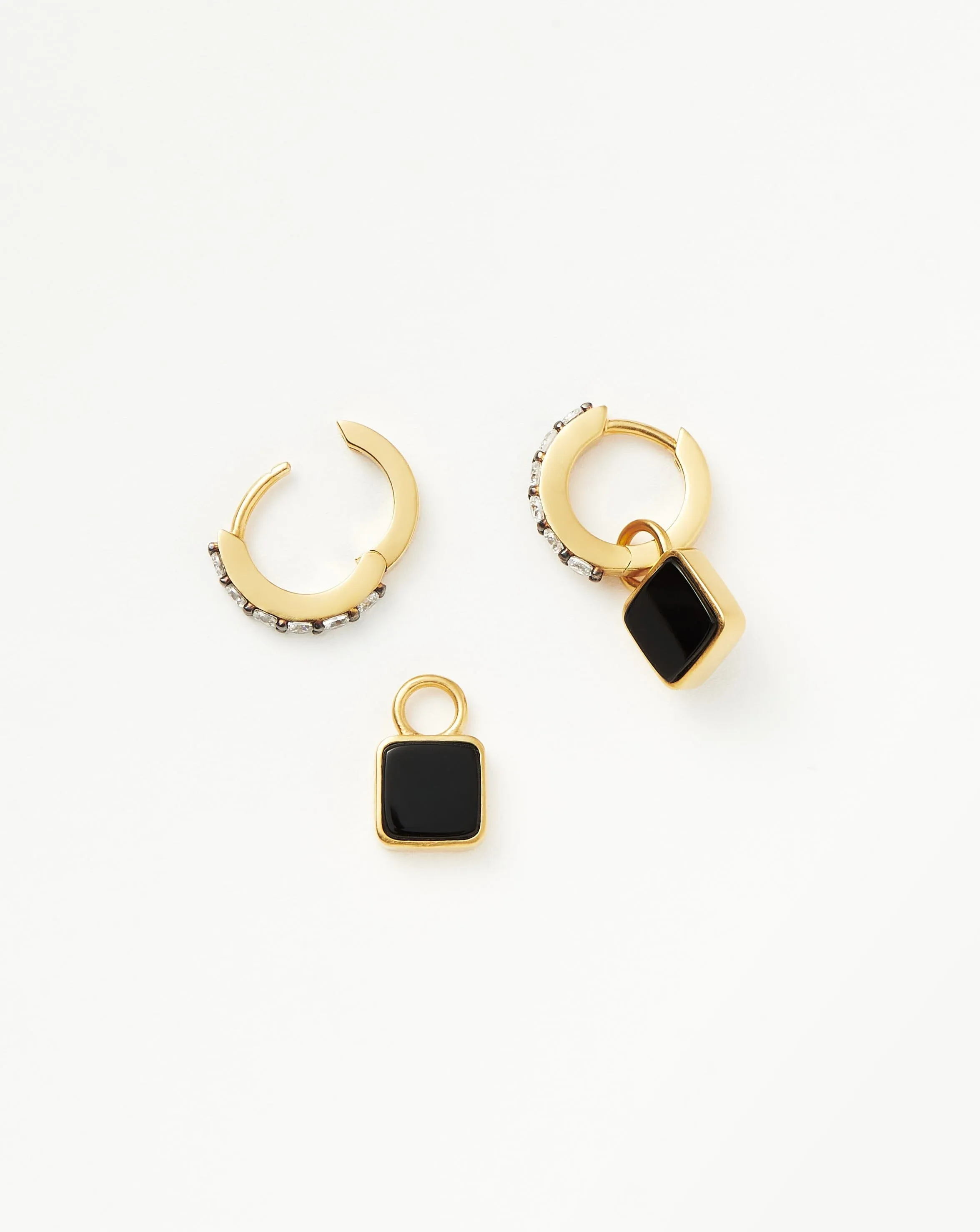 Lucy Williams Square Black Onyx Charm Mini Hoop Earrings  | 18ct Gold Plated Vermeil/Black Onyx