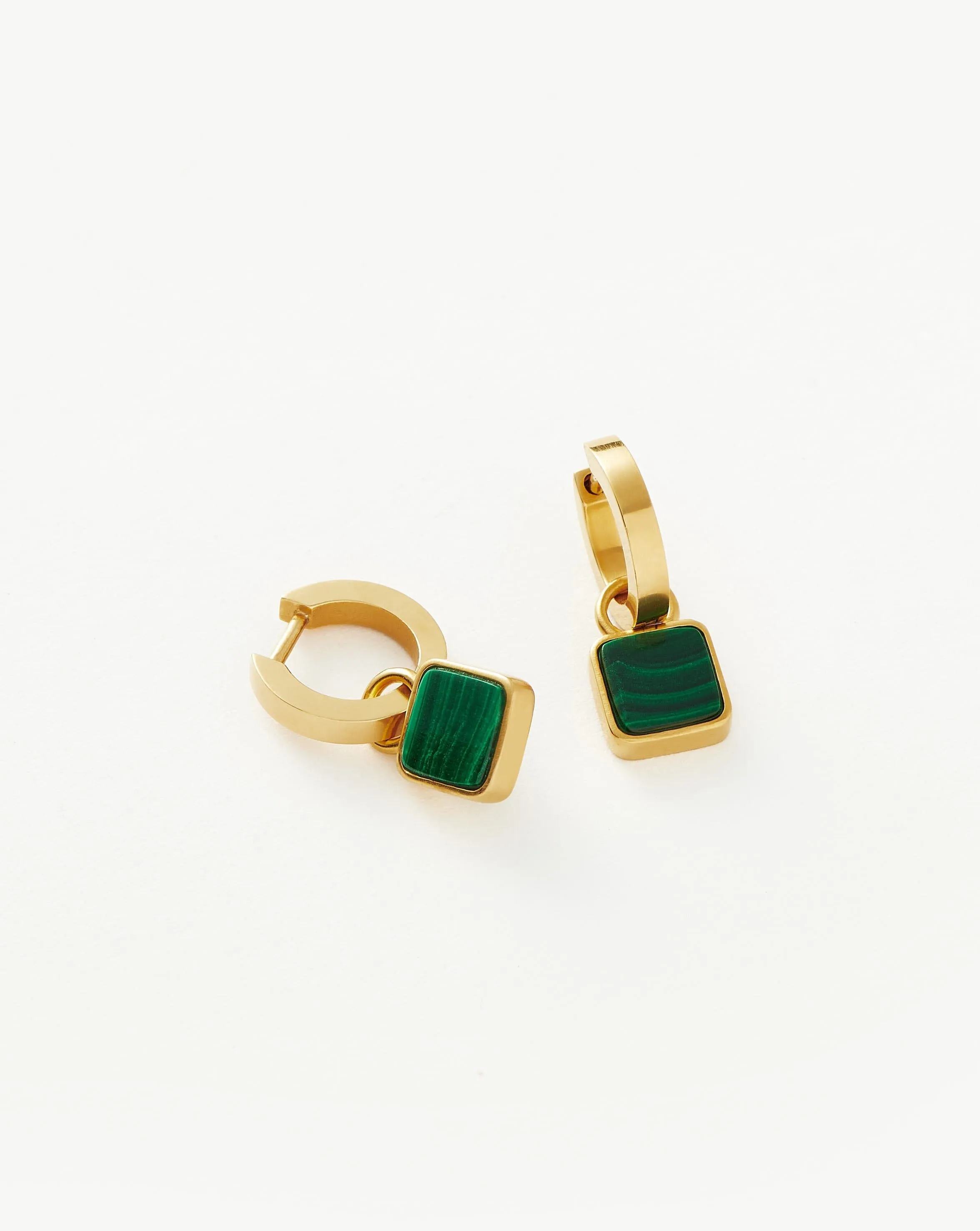 Lucy Williams Square Malachite Charm Mini Hoop Earrings  | 18ct Gold Plated Vermeil/Malachite