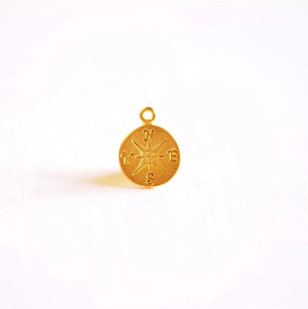 Matte Vermeil Gold Compass Charm- 18k gold plated Compass, Gold Round Disc Charm, True North Charm, Gold North East South West Compass, 301