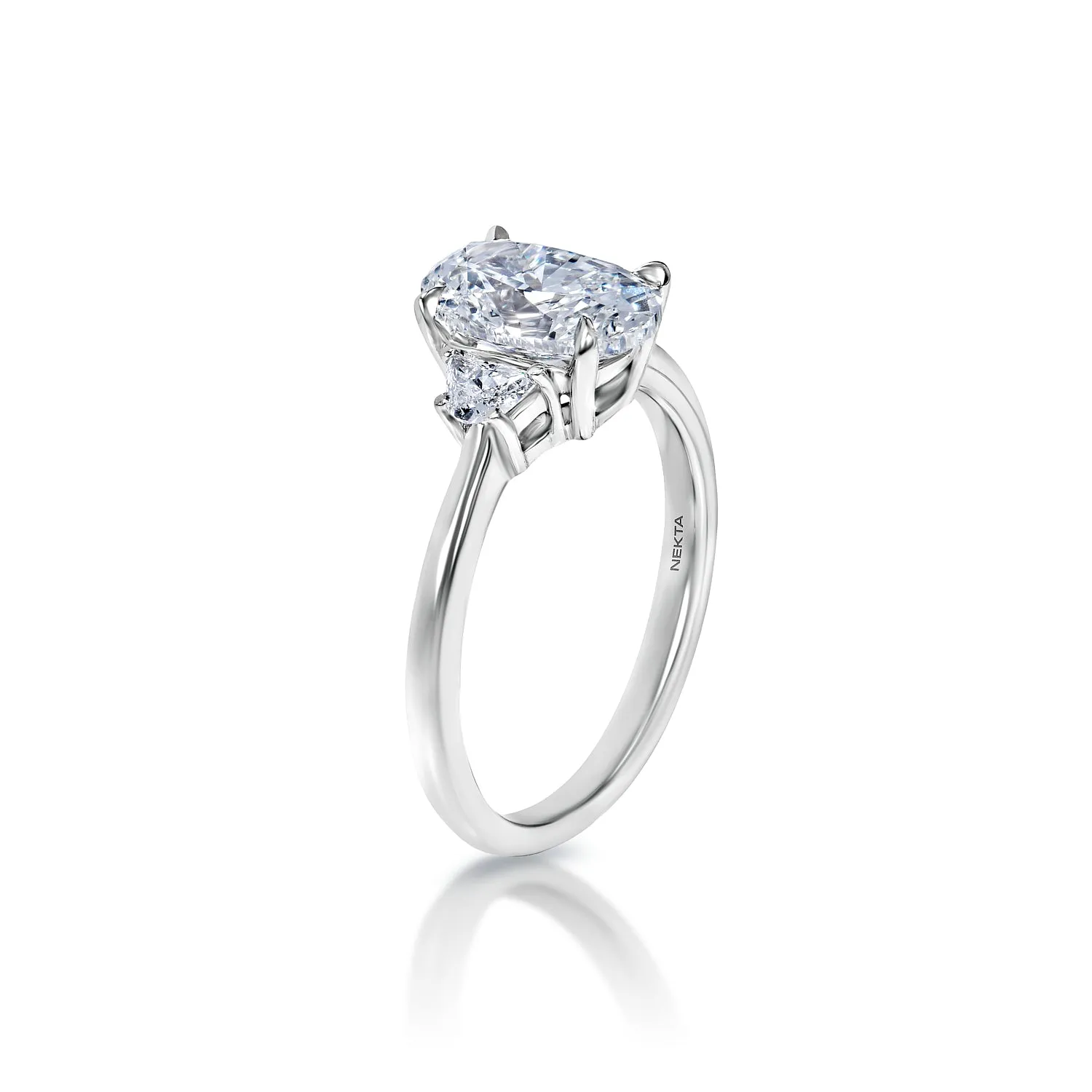 Mckenna 2 Carat G VVS1 Oval Cut Diamond Half Moon Three Stone Engagement Ring in Platinum By Mike Nekta