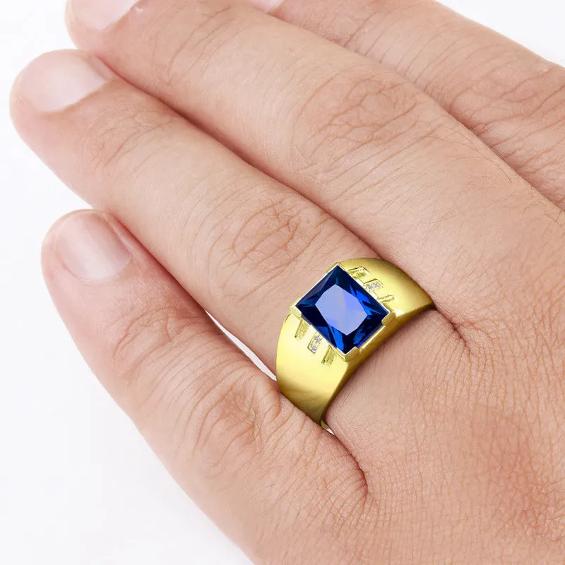 Men's 14k Gold Ring with Sapphire and 4 Diamond Accents