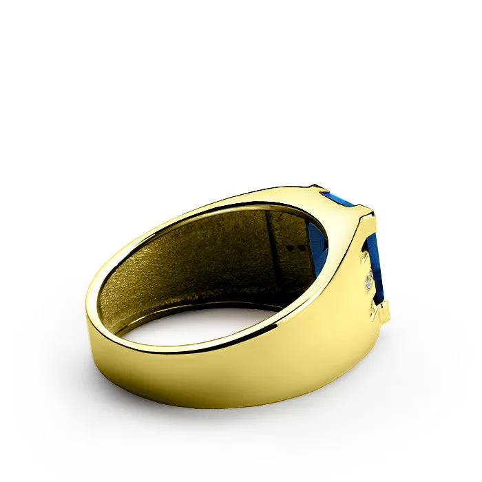 Men's 14k Gold Ring with Sapphire and 4 Diamond Accents