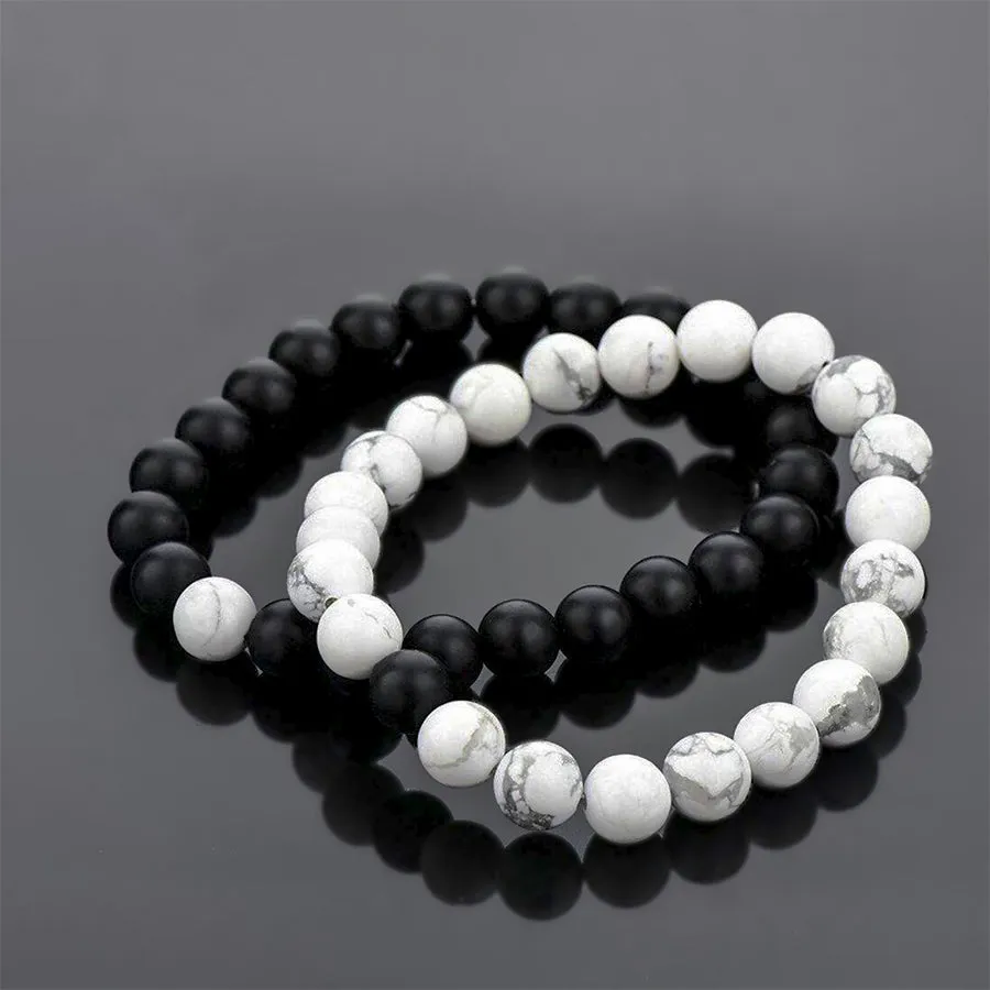 Men's Bracelet Stack Black Onyx & White Howlite Stone Beads