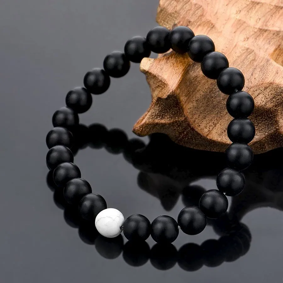 Men's Bracelet Stack Black Onyx & White Howlite Stone Beads